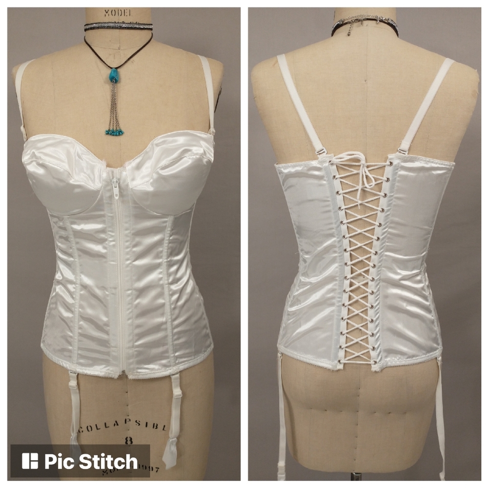 36C White Satin Corset Made in USA Lace Back Convertible Straps Sexy &Functional